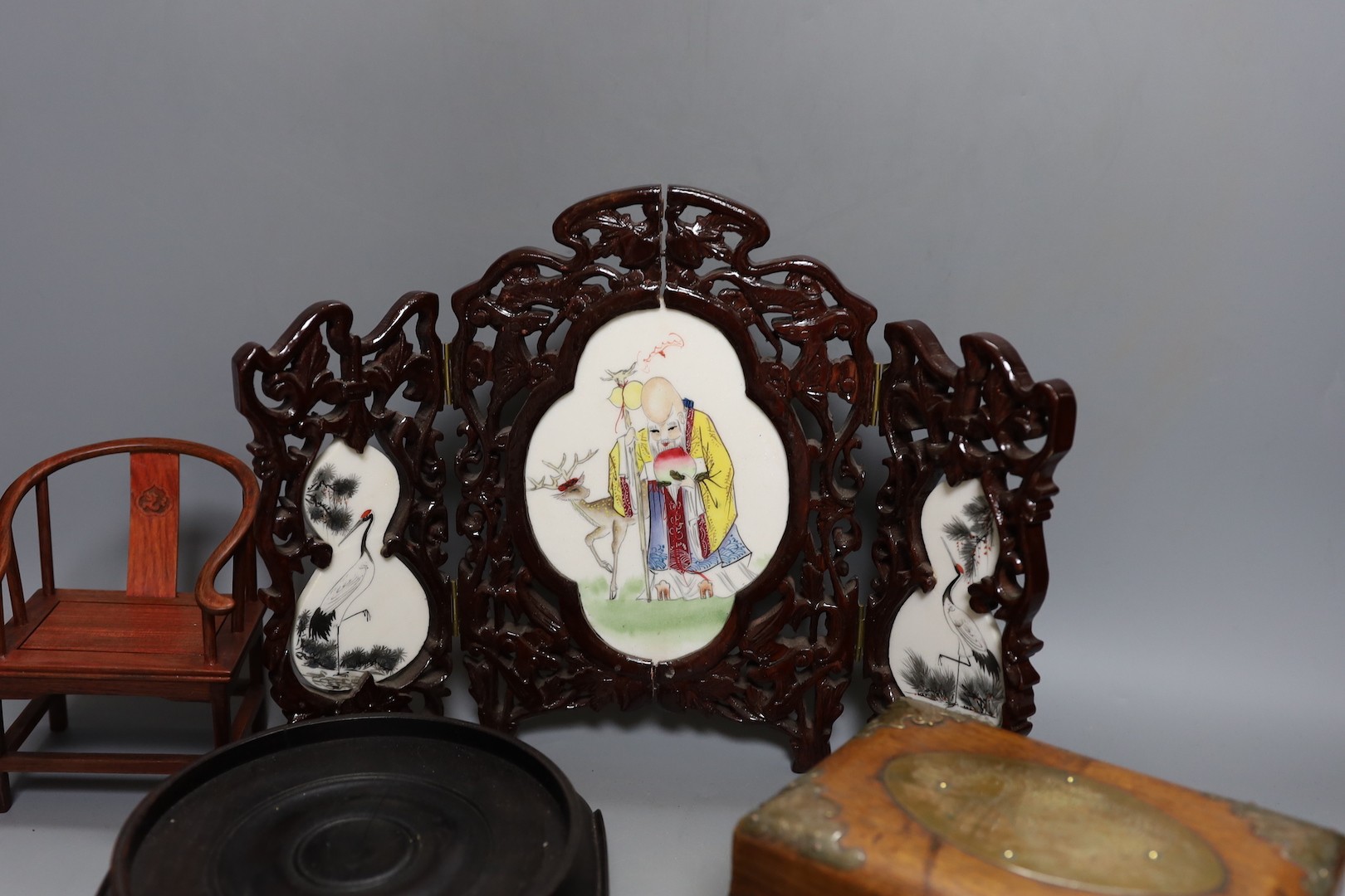 A group of Chinese wood stands, box, model chair, snuff bottle etc